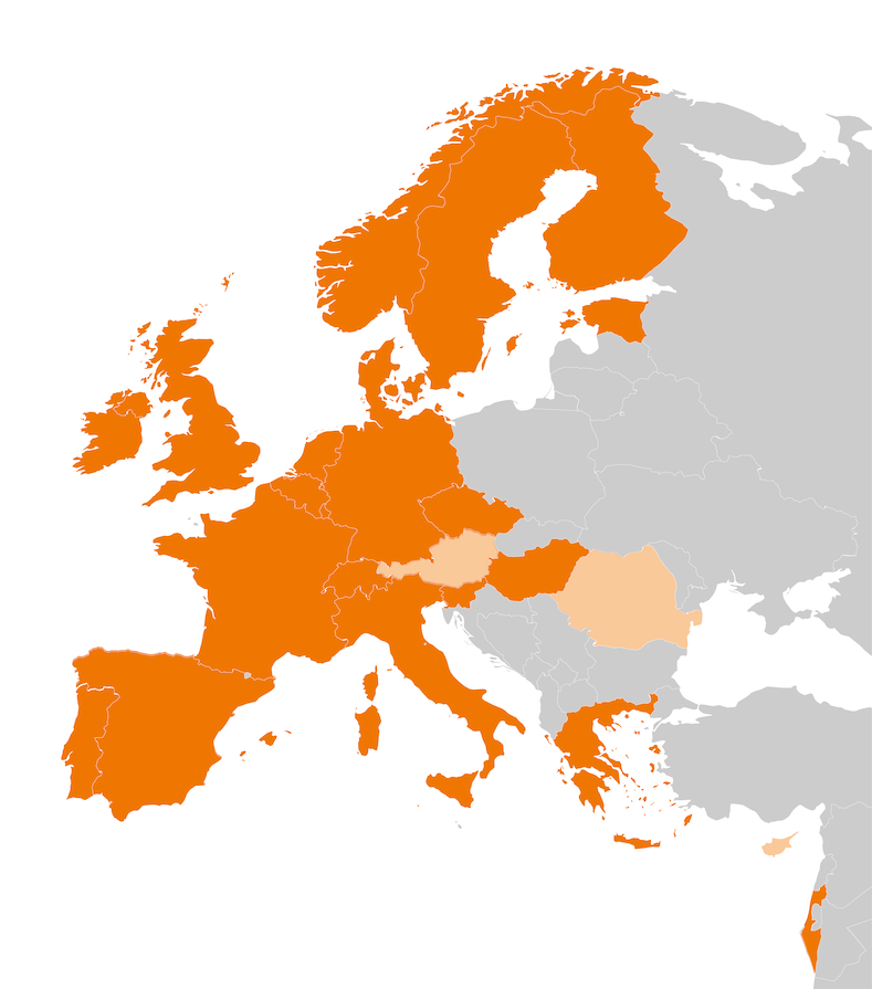 Map of Europe highlighting ELIXIR member countries in orange