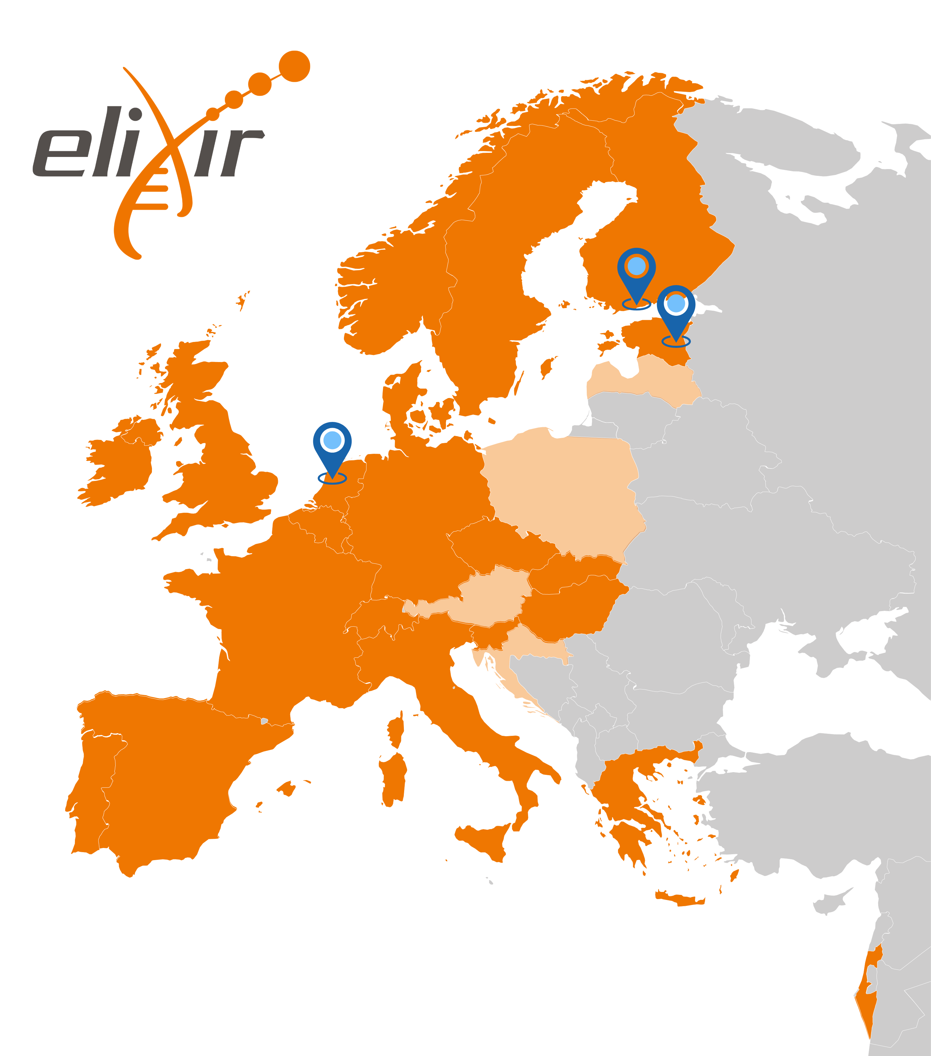 The map of ELIXIR Nodes with noted ELEVATE-DM partners